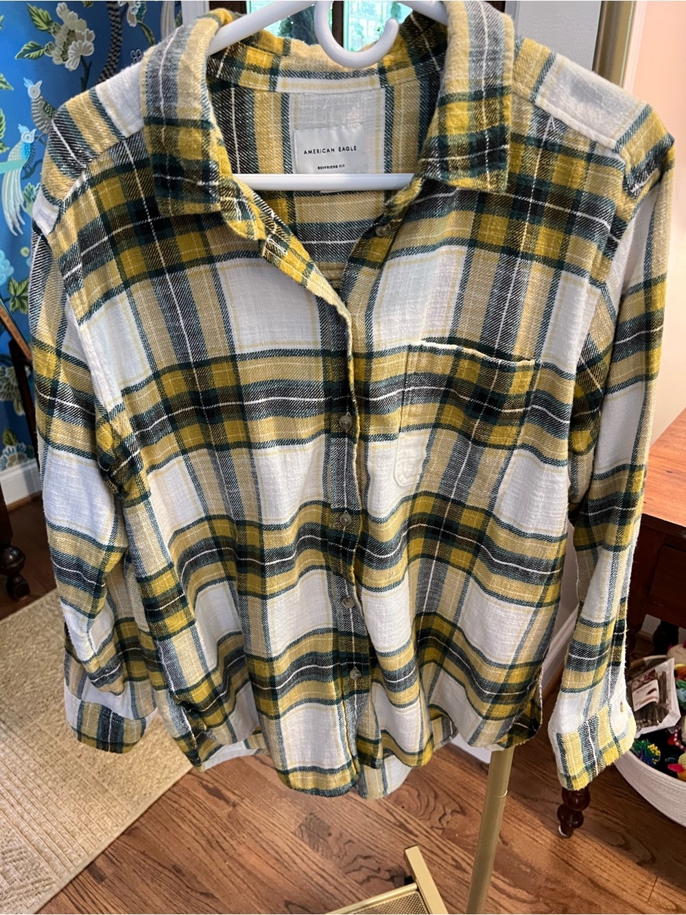 American Eagle Outfitters Yellow and Green Plaid Button-Down Shirt